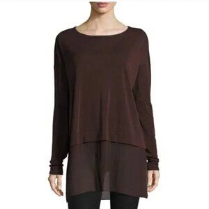 Eileen Fisher 100% Silk Sheer Hem Bateau Neck Tunic Top Brown XL